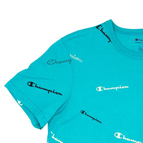 Champion Shirt Mens Medium Blue All Over Print Logo Graphic Tee T-Shirt Cotton - Picture 2 of 12